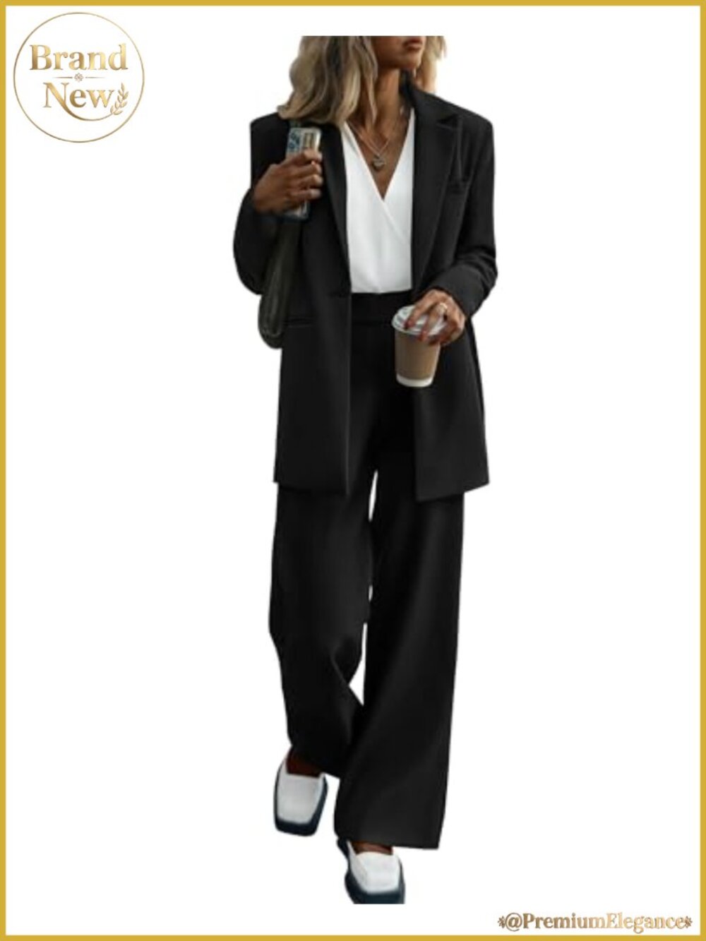 Women's 2 Piece Pantsuit Set Oversized Long Blazer High-Waisted Wide Leg Pants